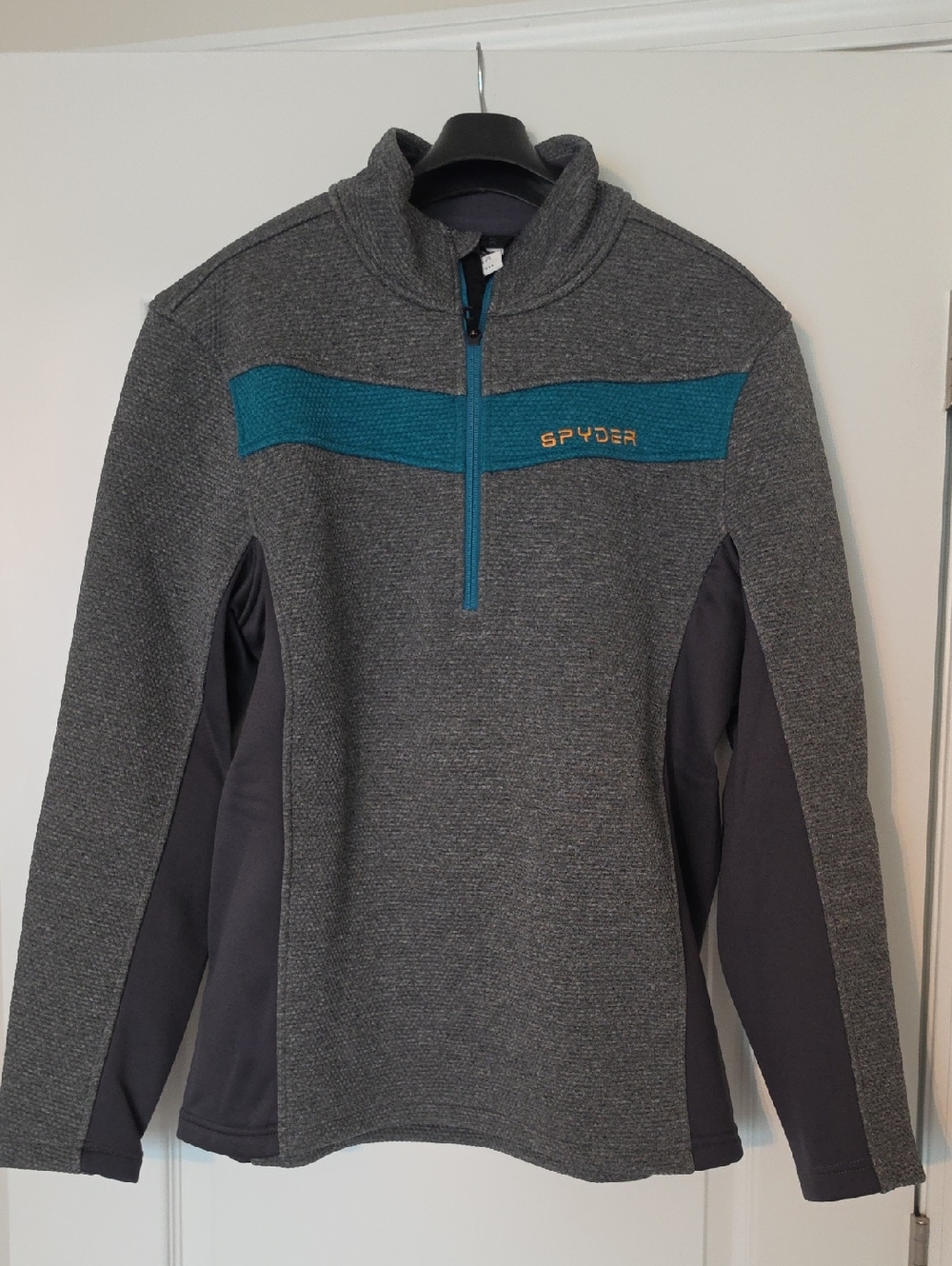 Spyder Men’s Gray Quarter-Zip Sweater with Teal Stripe and Yellow Logo
